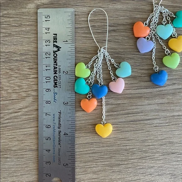 HAND CRAFTED PASTEL HEART DANGLE EARRINGS Multicolor Rainbow Whimsical Tassel - Picture 7 of 12